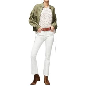 FRAME Women’s Tan+White Striped Le Bardot Crop Flare Raw Edge Denim Pant-size 33